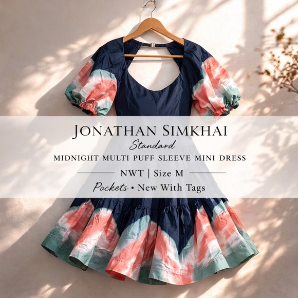 Jonathan Simkhai Standard Midnight Multi Puff Sleeve Mini Dress Size M NWT